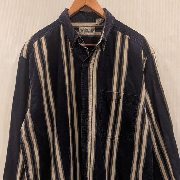 NORTHWEST TERRITORY Navy and White Striped Casual Corduroy Shirt Shacket - Picture 2 of 10